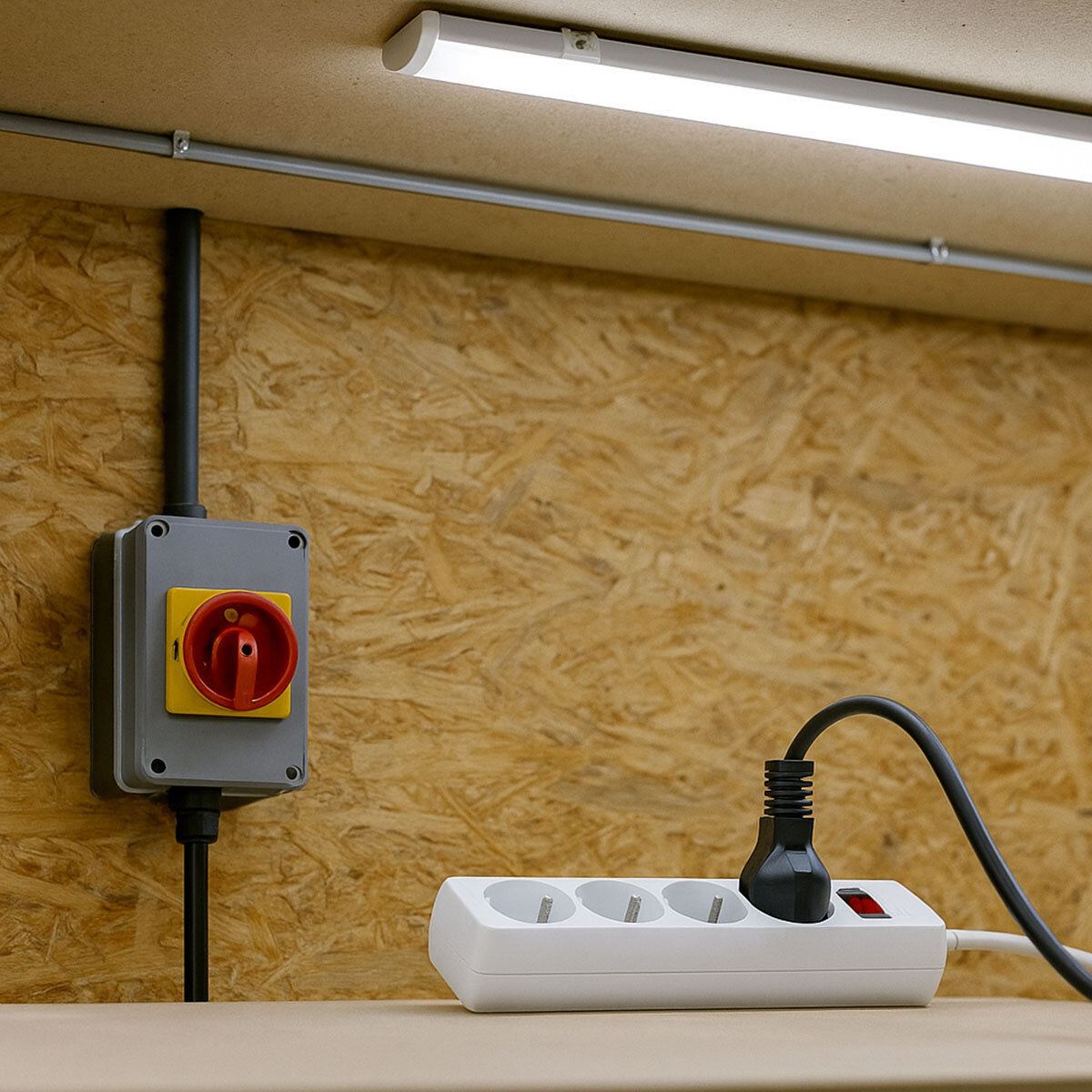Abgebildet sind Vorschläge, wie man Energie sparen kann; LED Leuchten, Hauptstromschalter und Stromleiste die man abstellen kann